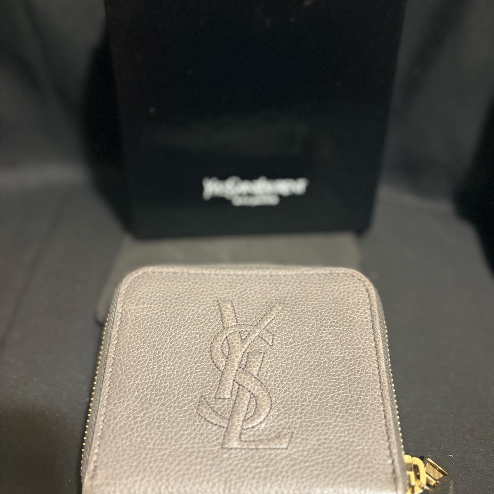 Yves Saint Laurent Charcoal Leather Wallet with Gold Zipper